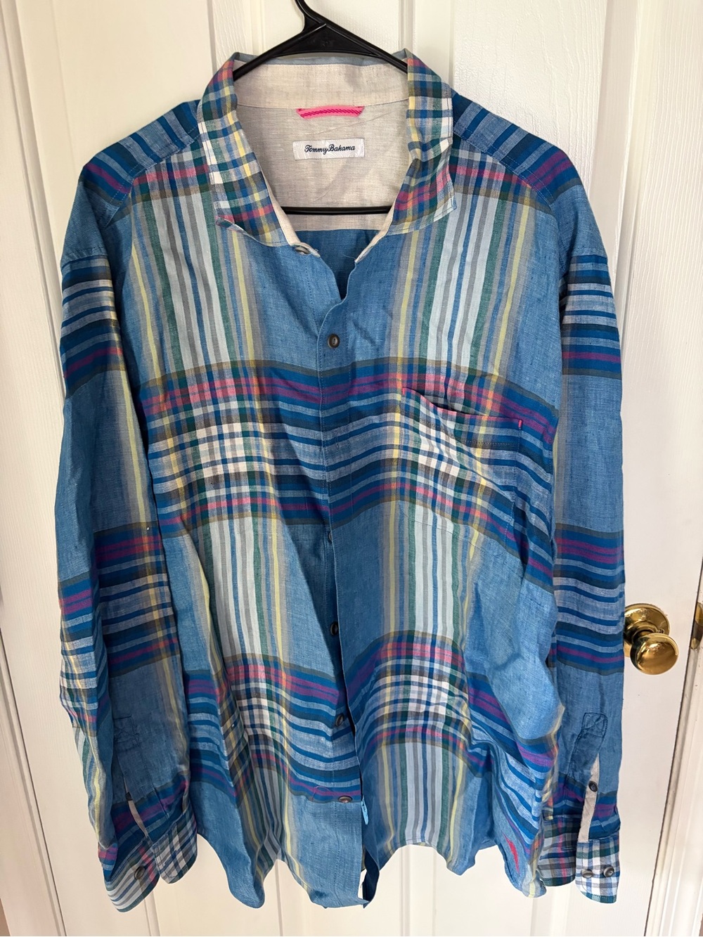 Tommy Bahama Blue Plaid Long-Sleeve Linen Shirt…Size XXL